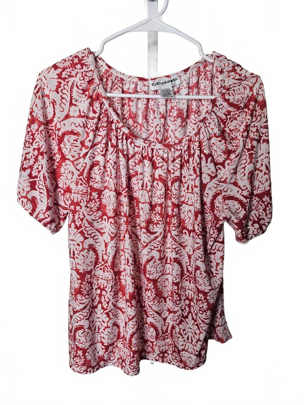 Cathy Daniels Red and White Patterned Short Sleeve Blouse